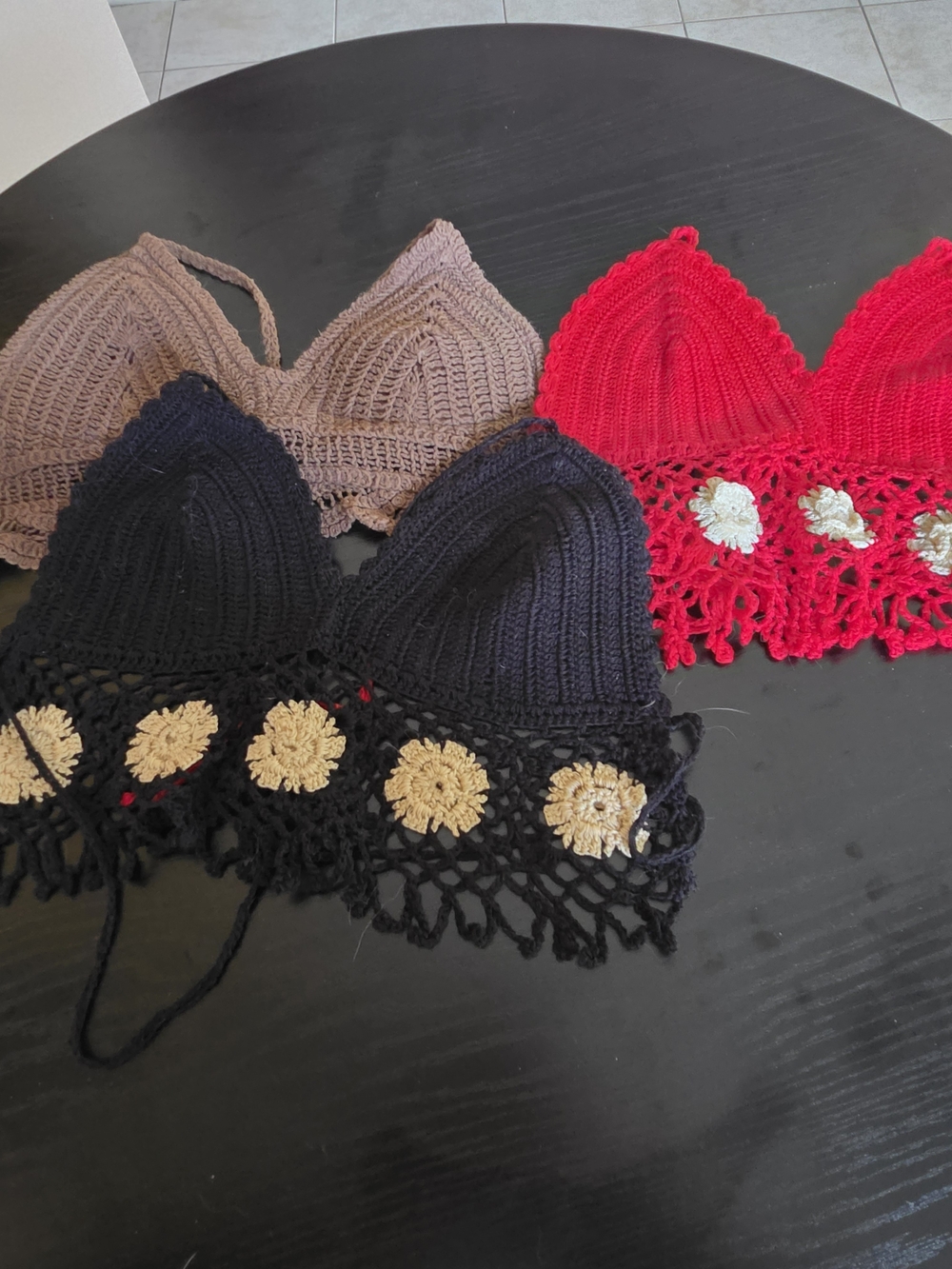 Crochet Bralette Trio - Black, Red, Taupe